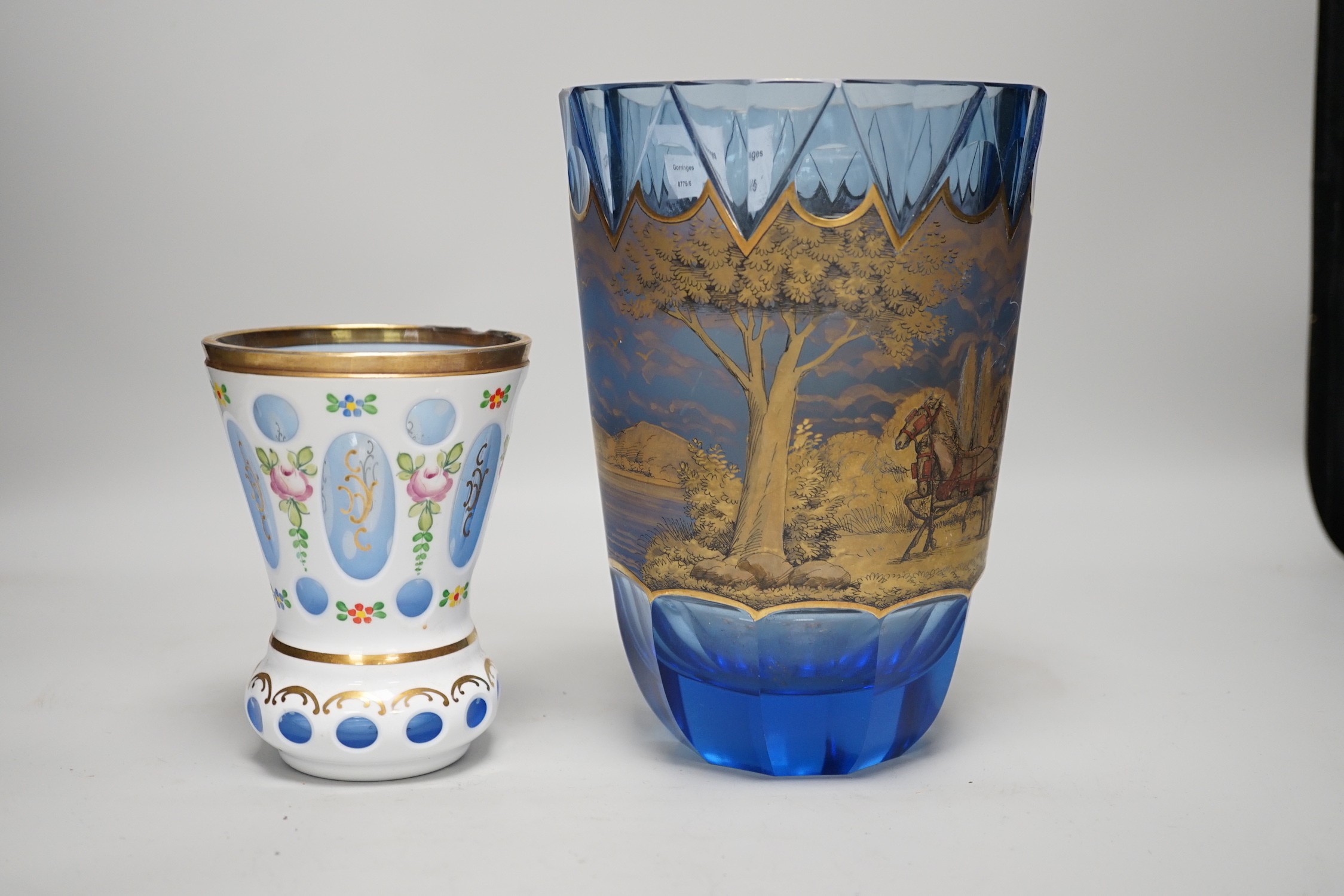 Two Bohemian glass vases, The largest blue glass vase in a mood with a horse and carriage scene, possibly Moser, tallest 21cm
